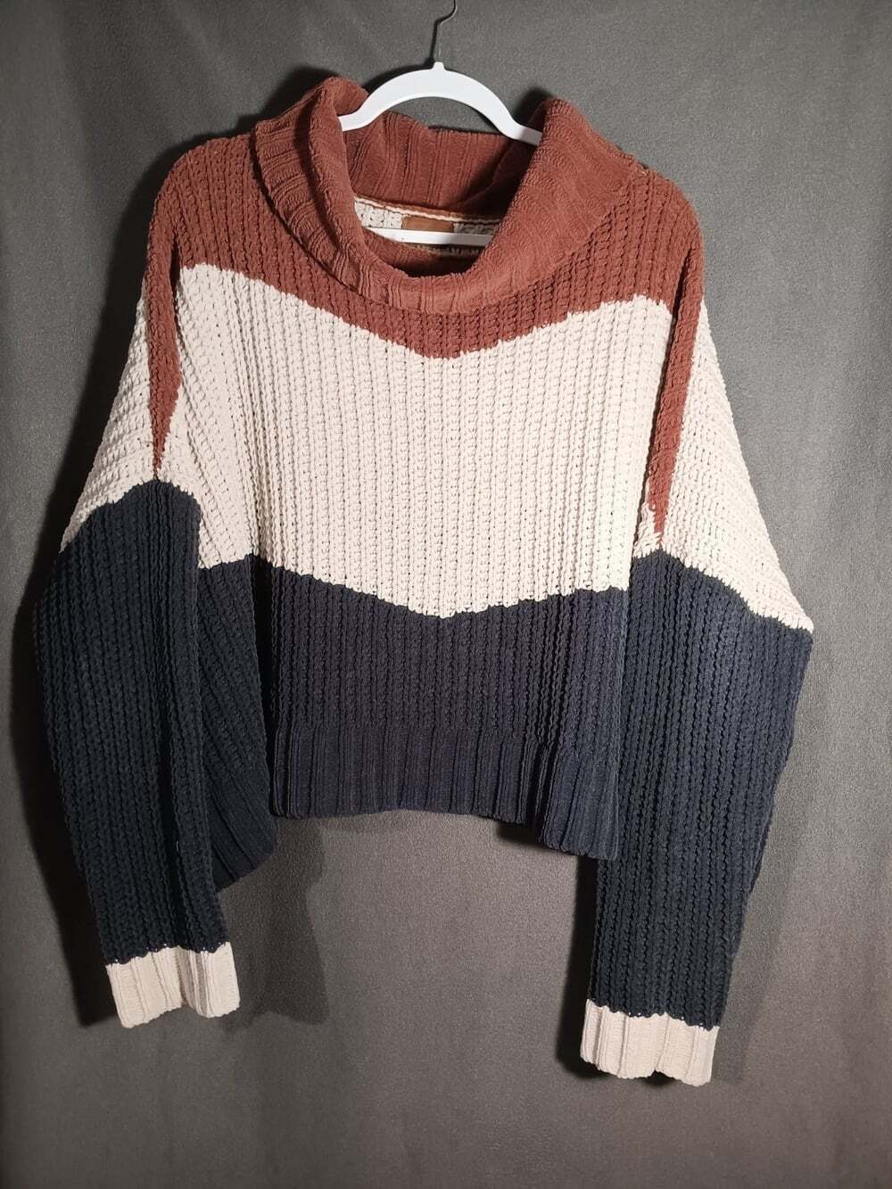 POL Chenille Colorblock Oversized Turtleneck Sweater Rust Navy Ivory Size Medium